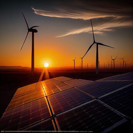 solar panels and windmills in the background at sunset, with sun setting behind them on top of the photo