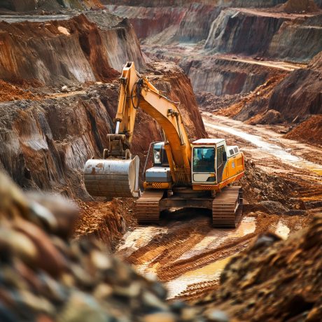 A detailed image of a mining excavator in action, digging through layers of earth in an open-pit mine, showcasing the machinery and rugged terrain.